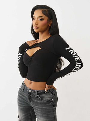 True Religion Top Printed Rib Twist Keyhole Jet Black