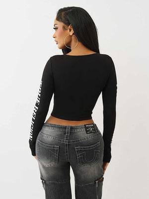 True Religion Top Printed Rib Twist Keyhole Jet Black