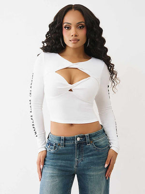 True Religion Top Printed Rib Twist Keyhole Optic White