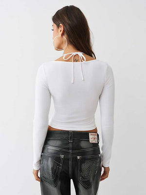 True Religion Top Branded Frnt Lace Up Rib Ls Optic White