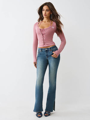 True Religion Top Branded Frnt Lace Up Rib Ls Nostalgia Rose