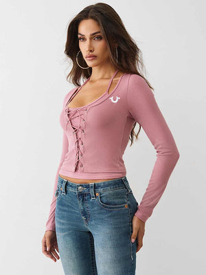 True Religion Top Branded Frnt Lace Up Rib Ls Nostalgia Rose