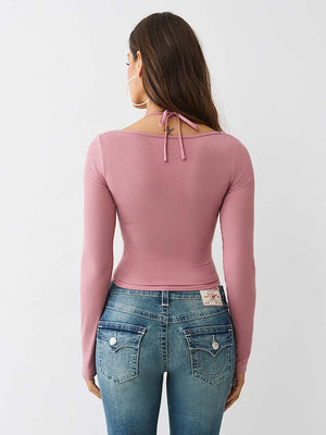 True Religion Top Branded Frnt Lace Up Rib Ls Nostalgia Rose