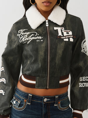 True Religion Sherpa Collared Aviator Jacket Washed Brown