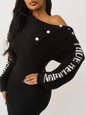 TRUE RELIGION DRESS BRANDED OFF SHOULDER JET BLACK