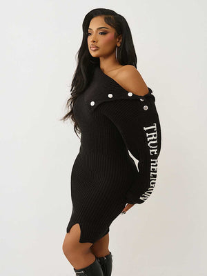 TRUE RELIGION DRESS BRANDED OFF SHOULDER JET BLACK