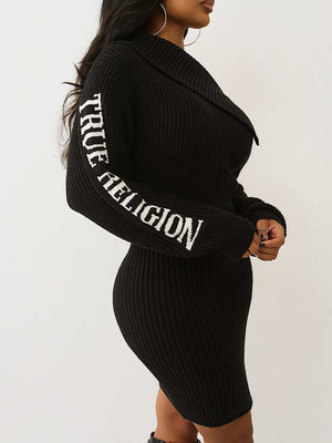 TRUE RELIGION DRESS BRANDED OFF SHOULDER JET BLACK
