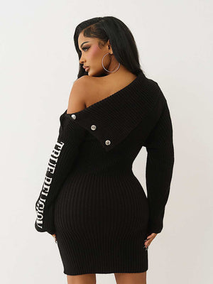 TRUE RELIGION DRESS BRANDED OFF SHOULDER JET BLACK