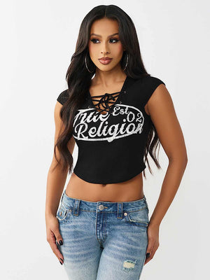 True Religion Top Lace Up Cap Slvs Rib Jet Black