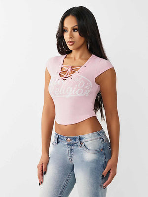 True Religion Top Lace Up Cap Slvs Rib Fairytale Pink
