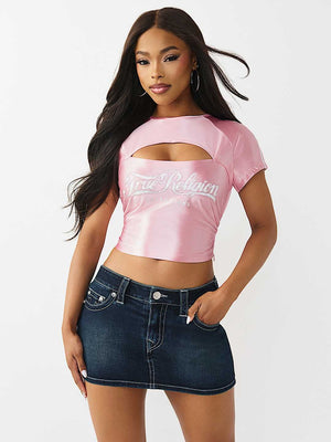 True Religion Top Sporty Ruched Keyhole Fairytale Pink