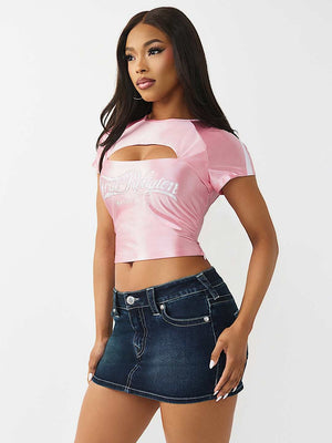 True Religion Top Sporty Ruched Keyhole Fairytale Pink