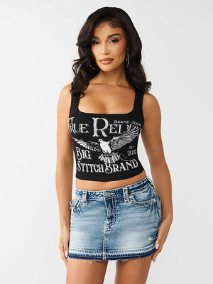 True Religion Top Crystal Printed Rib Tank Jet Black