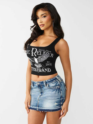 True Religion Top Crystal Printed Rib Tank Jet Black