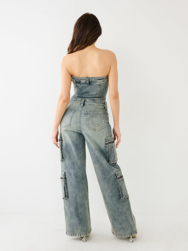 True Religion Strapless Jumpsuit Denim Cargo Vintage Wash