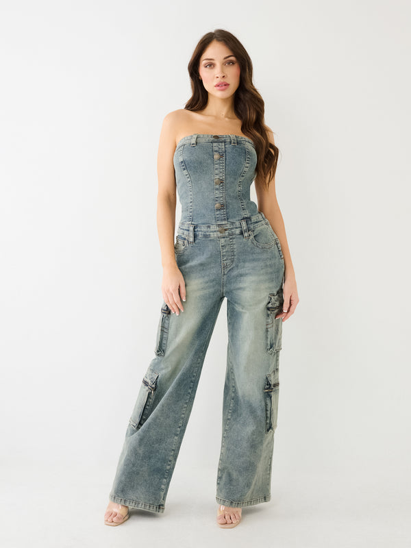 True Religion Strapless Jumpsuit Denim Cargo Vintage Wash