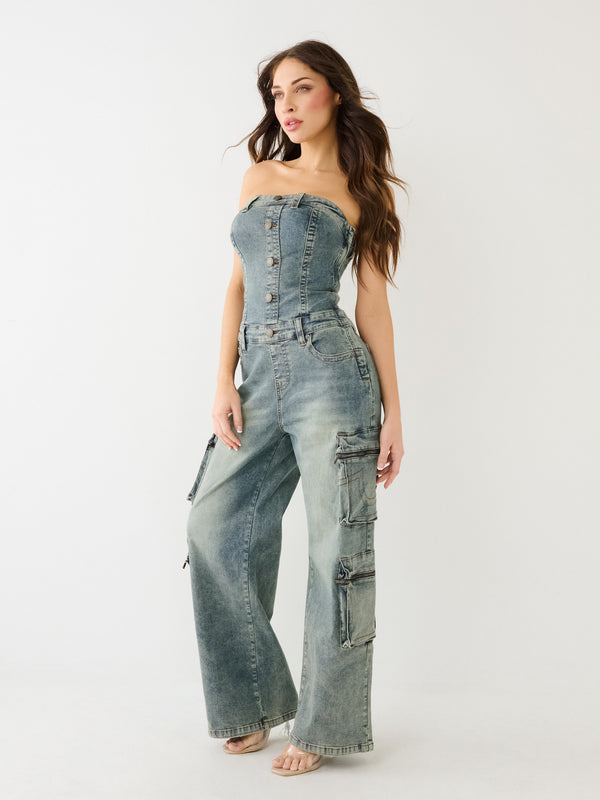 True Religion Strapless Jumpsuit Denim Cargo Vintage Wash