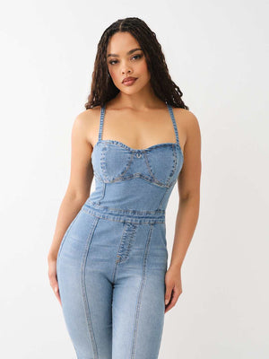 True Religion Jumpsuit Denim Zip Fitted Blue-True Religion