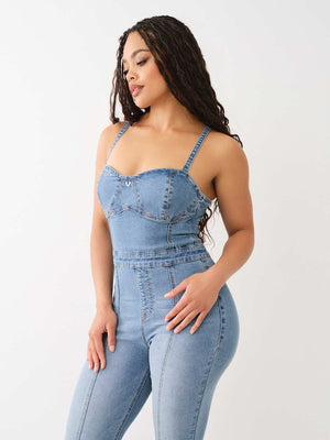 True Religion Jumpsuit Denim Zip Fitted Blue-True Religion