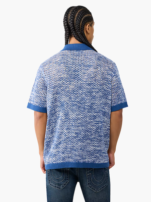 True Religion Shirt Marled Crochet Knit Blue