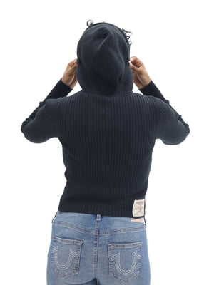 TRUE RELIGION TWO WAY ZIP SWEATER HOODIE JET BLACK-True Religion