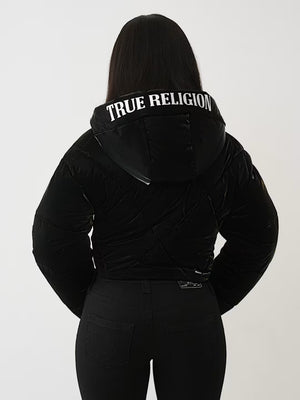 TRUE RELIGION JACKET HIGH SHINE FOIL HOODED PUFFER JET BLACK