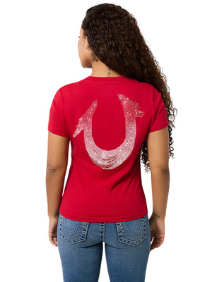 TRUE RELIGION HS OMBRE CRYSTALS V NECK TEE APPLE RED-True Religion