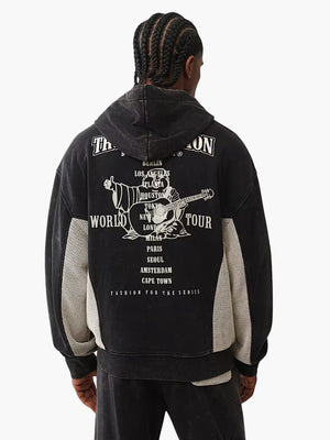 True Religion Hoodie Mesh Inset Rust Cinched Up Jet Black
