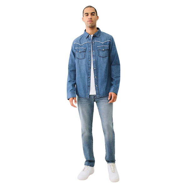 TRUE RELIGION CHAMBRAY LS FLAT LOCK STITCH MEDIUM CHAMBRAY WASH