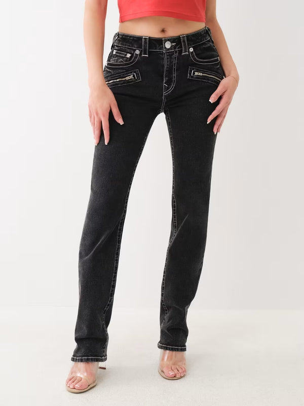 True Religion Billie Jeans Mid Rise Moto Straight Black