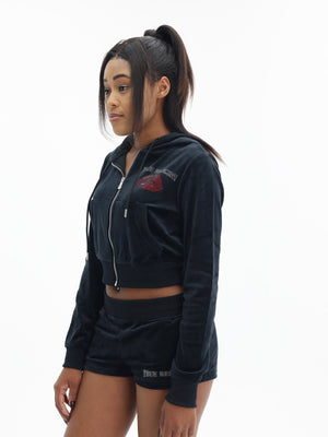 True Religion Crystl Lips Shrunken Hoodie Jet Black-True Religion