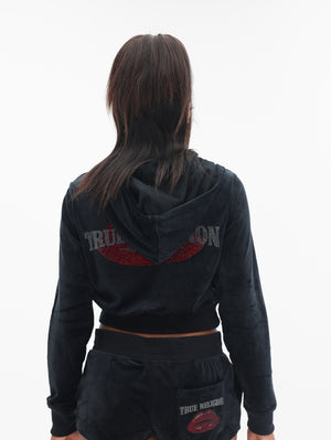 True Religion Crystl Lips Shrunken Hoodie Jet Black-True Religion