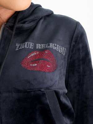 True Religion Crystl Lips Shrunken Hoodie Jet Black-True Religion