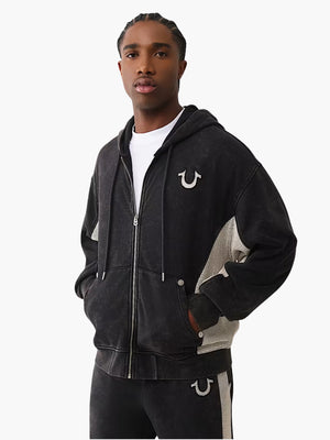 True Religion Hoodie Mesh Inset Rust Cinched Up Jet Black