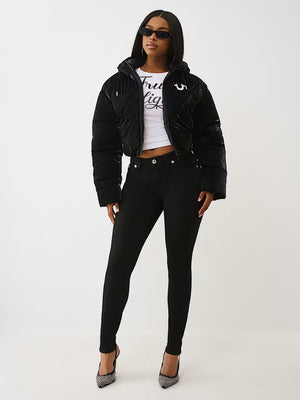 TRUE RELIGION JACKET HIGH SHINE FOIL HOODED PUFFER JET BLACK