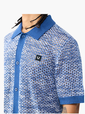 True Religion Shirt Marled Crochet Knit Blue
