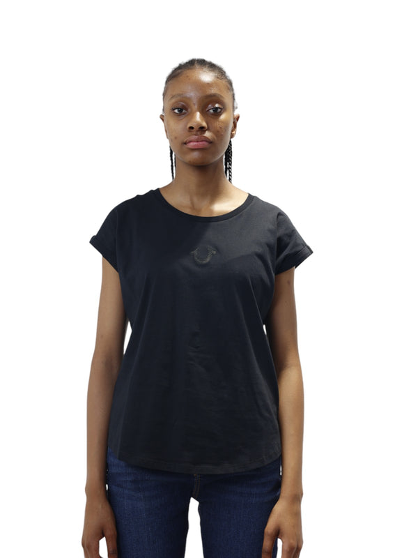 True Religion Embroidery Cuff T-Shirt Ladies Jet Black