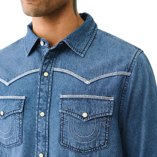TRUE RELIGION CHAMBRAY LS FLAT LOCK STITCH MEDIUM CHAMBRAY WASH