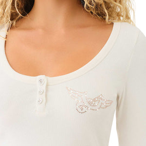 TRUE RELIGION CREW SCOOP NECK LS HENLEY RIB TOP WINTER WHITE-True Religion