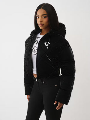 TRUE RELIGION JACKET HIGH SHINE FOIL HOODED PUFFER JET BLACK