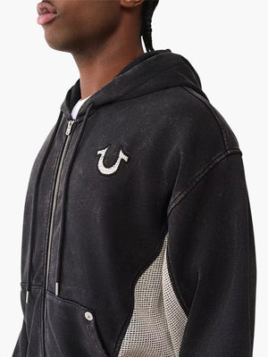 True Religion Hoodie Mesh Inset Rust Cinched Up Jet Black