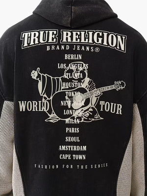 True Religion Hoodie Mesh Inset Rust Cinched Up Jet Black