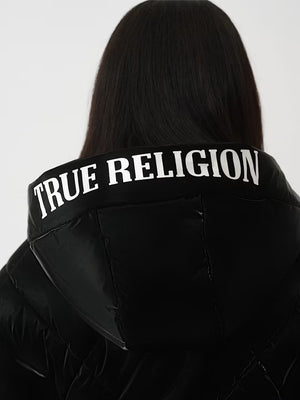 TRUE RELIGION JACKET HIGH SHINE FOIL HOODED PUFFER JET BLACK
