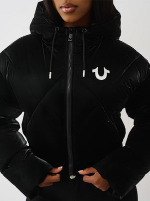 TRUE RELIGION JACKET HIGH SHINE FOIL HOODED PUFFER JET BLACK
