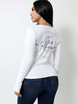 True Religion Crew LS Rib Raw Henley Optic White-True Religion