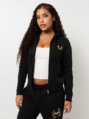 True Religion Sweater Ladies Angelic Wing Zip Hoodie Jet Black-True Religion