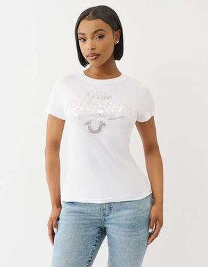 True Religion Iridescent Sticker Tr Crew Tee Optic White