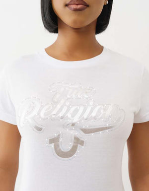 True Religion Iridescent Sticker Tr Crew Tee Optic White