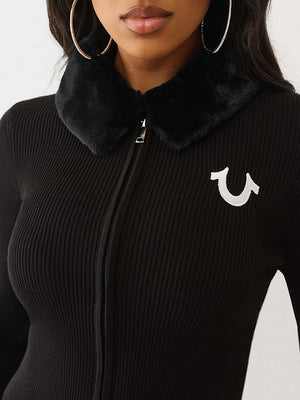 True Religion Sweater Ribbed Zip Up Faux Fur Jet Black
