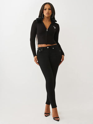 True Religion Sweater Ribbed Zip Up Faux Fur Jet Black